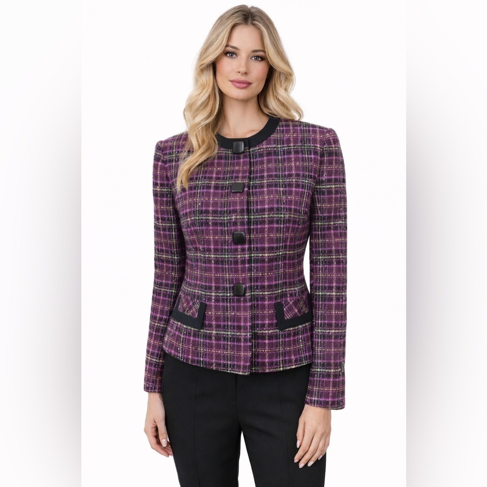 Sag Harbor Women's Tweed Purple Jacket Blazer Button Front Lined Size 10